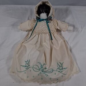 Vintage Handmade Cloth Doll w/ Bonnet & Teal Embroidered Dress,  Cottage Charm